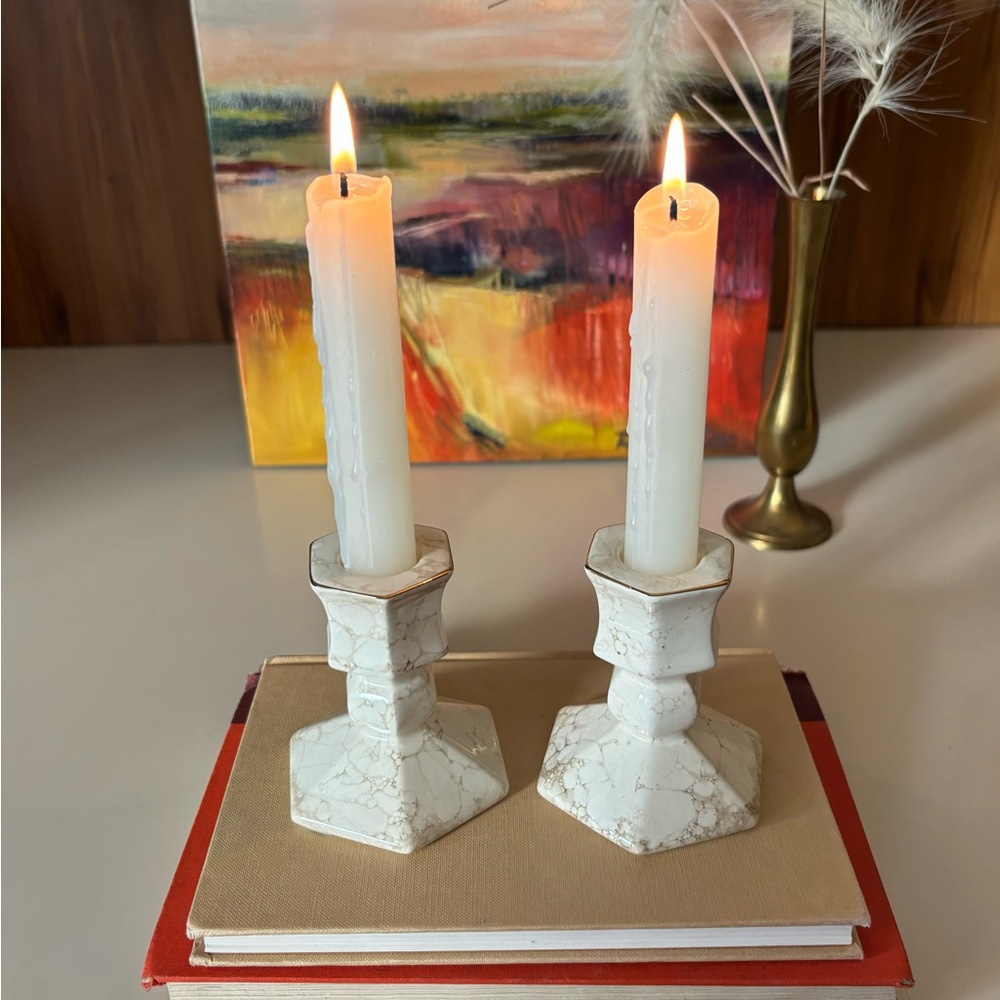 Vintage 90s Taper Candlestick Holders Cream Marble Look Porcelain Gold Trim